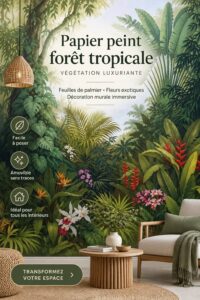 Mural tropical avec des feuilles de palmier pour une décoration intérieure chaleureuse.