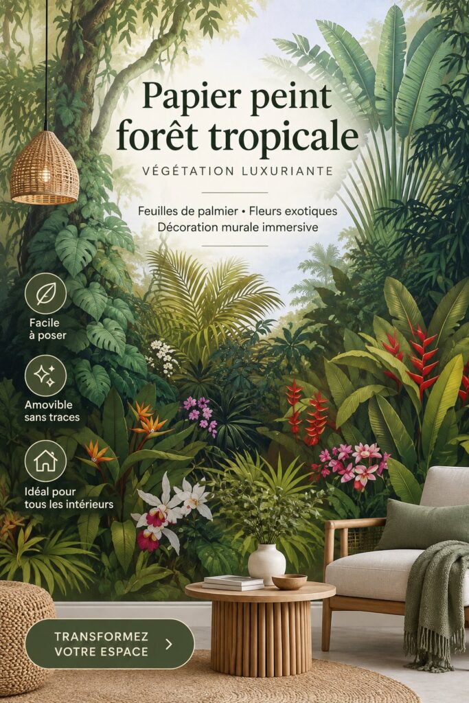 Mural tropical avec des feuilles de palmier pour une décoration intérieure chaleureuse.