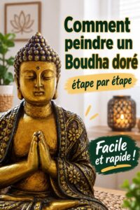 Un bouddha doré peint sur une étagère, apportant une touche zen à la décoration intérieure.