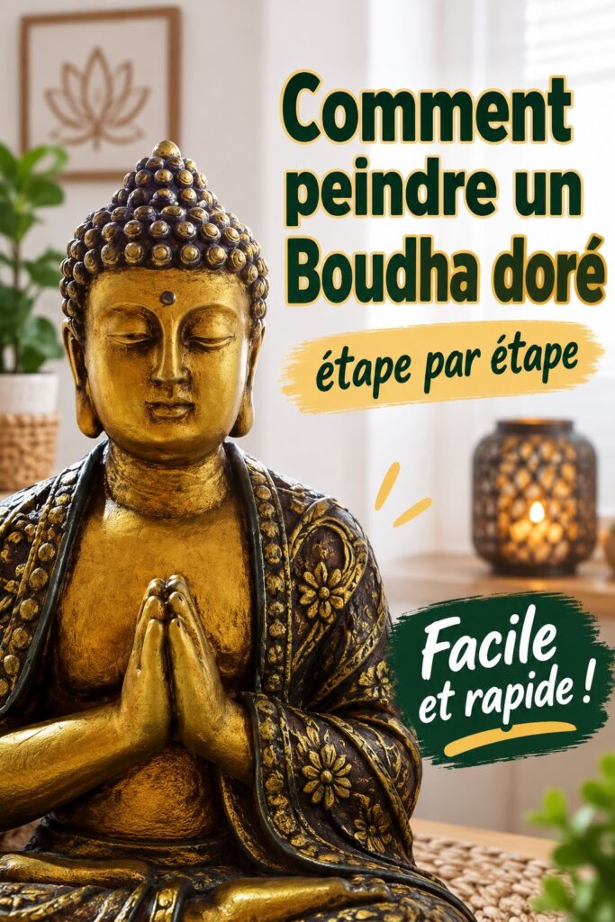 Un bouddha doré peint sur une étagère, apportant une touche zen à la décoration intérieure.