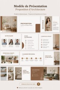 Écran de création de présentation architecturale sur Canva avec des modèles colorés.