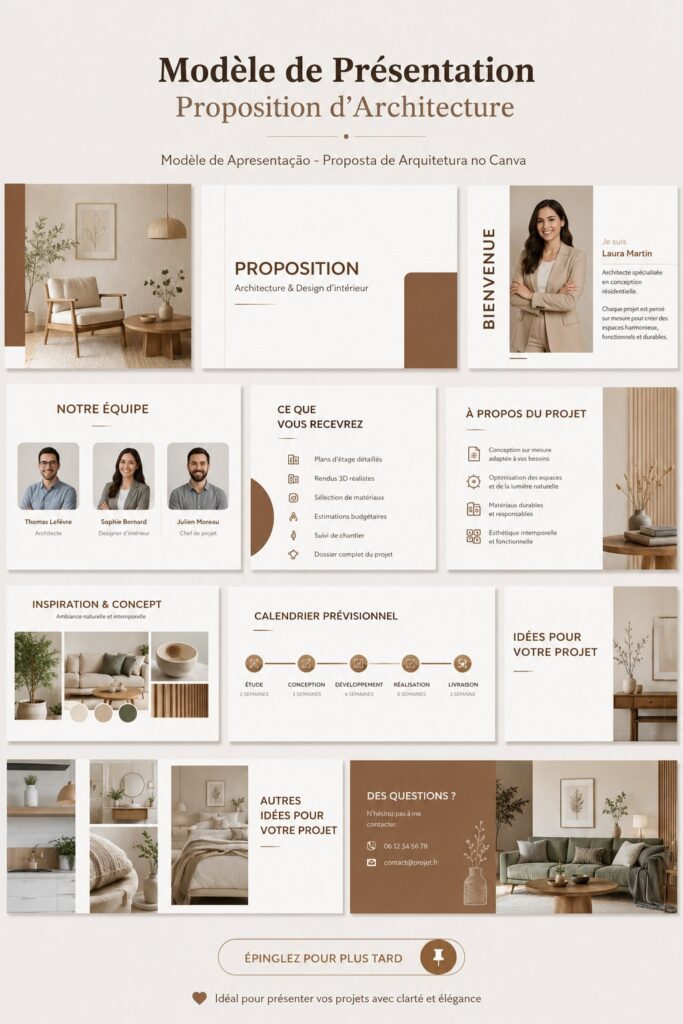 Écran de création de présentation architecturale sur Canva avec des modèles colorés.