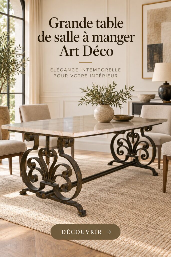 Table à manger Art Déco élégante en bois et verre dans une salle à manger stylée.