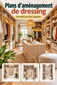 Plan d'aménagement d'un dressing fonctionnel et esthétique avec différents tiroirs et étagères.