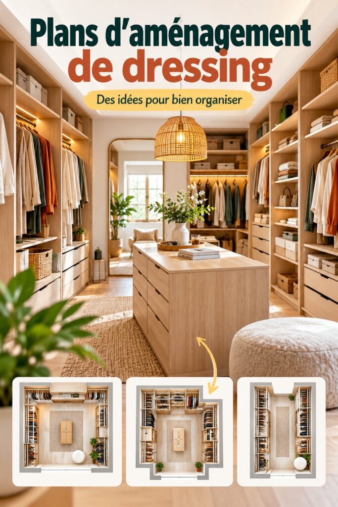 Plan d'aménagement d'un dressing fonctionnel et esthétique avec différents tiroirs et étagères.