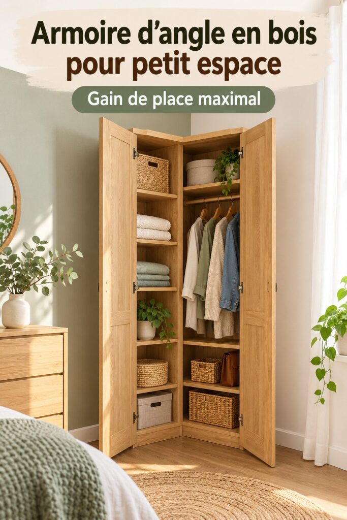 Armoire d'angle en bois massif dans un salon moderne, apportant du style et du rangement.