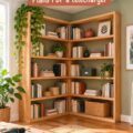Une bibliothèque en L élégante en bois, idéale pour un projet DIY, avec des livres et des décorations.