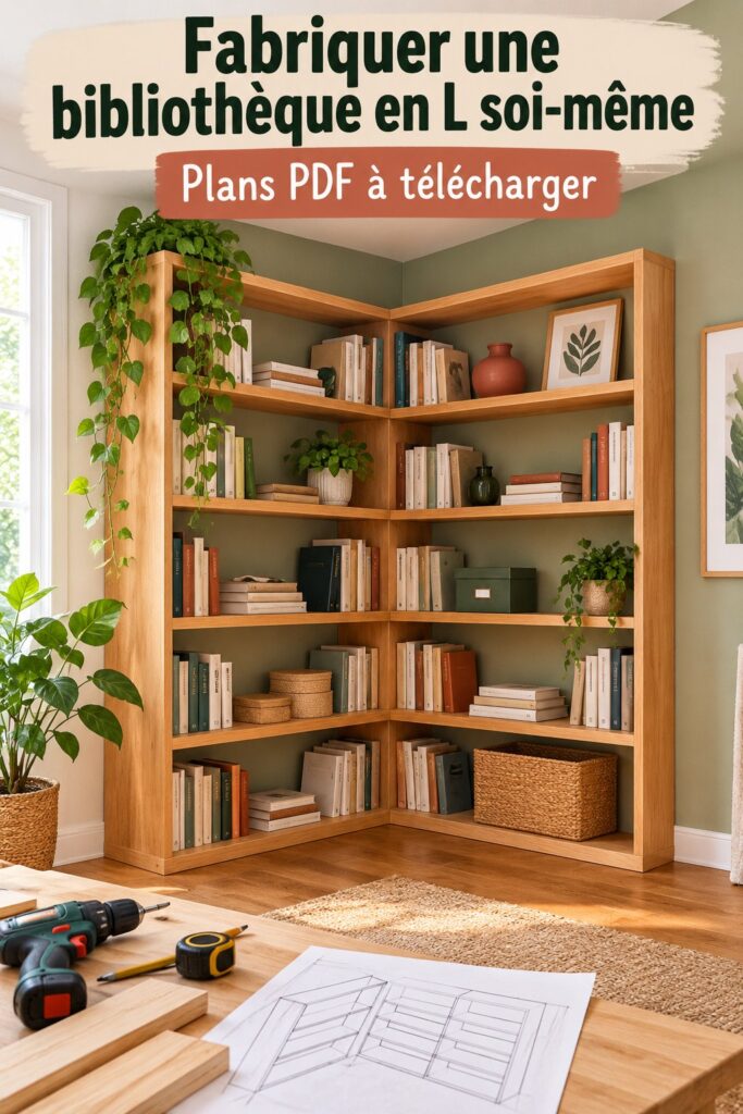 Une bibliothèque en L élégante en bois, idéale pour un projet DIY, avec des livres et des décorations.