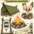Femme en pleine nature apprenant des compétences de survie, feux de camp et création de kits.