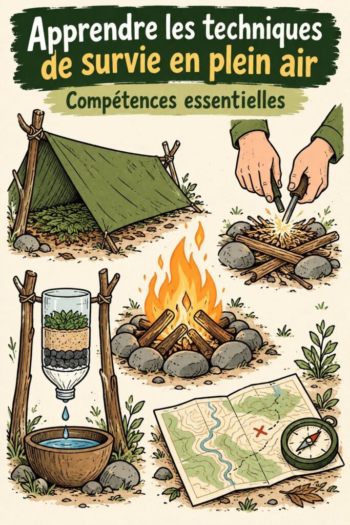 Femme en pleine nature apprenant des compétences de survie, feux de camp et création de kits.