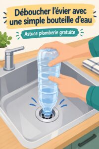 Une illustration d'un évier propre avec des bouteilles d'eau à côté, représentant une méthode de débouchage.