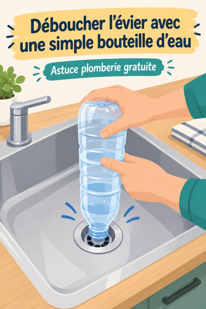 Une illustration d'un évier propre avec des bouteilles d'eau à côté, représentant une méthode de débouchage.
