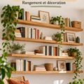 Une belle étagère à livres en bois flottante sur un mur blanc, ajoutant une touche chaleureuse à un salon moderne