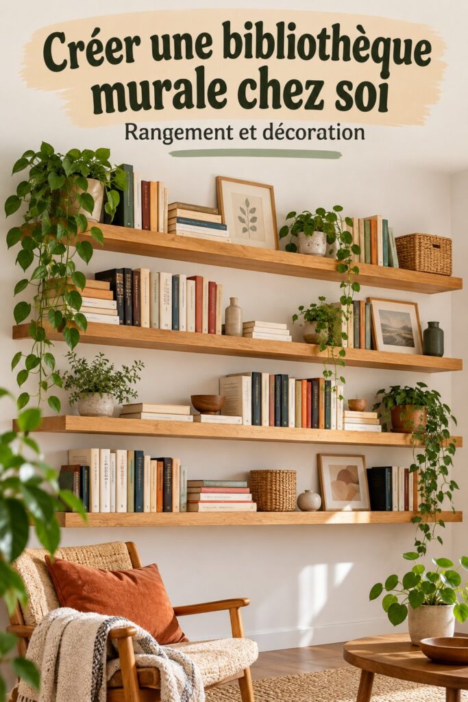 Une belle étagère à livres en bois flottante sur un mur blanc, ajoutant une touche chaleureuse à un salon moderne