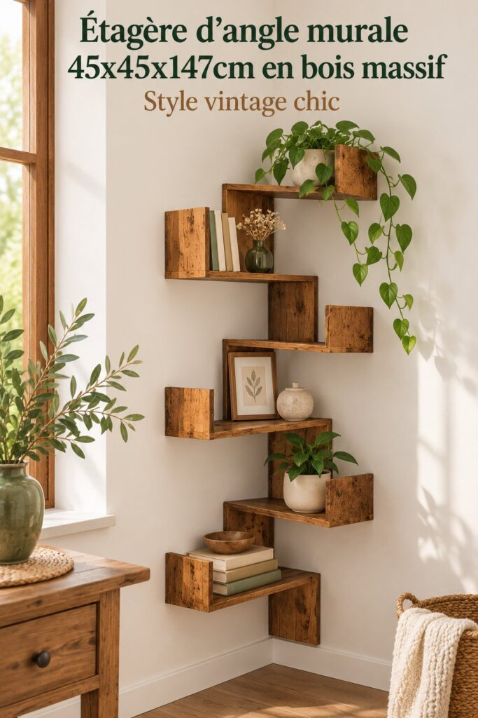 Étagère d'angle en bois au style chaleureux et moderne, décorée de livres et d'objets variés.