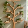 Etagère en forme d'arbre en bois décorant un intérieur moderne.