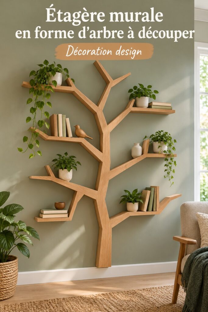 Etagère en forme d'arbre en bois décorant un intérieur moderne.