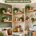 Étagères flottantes en bois élégamment disposées dans un salon lumineux.