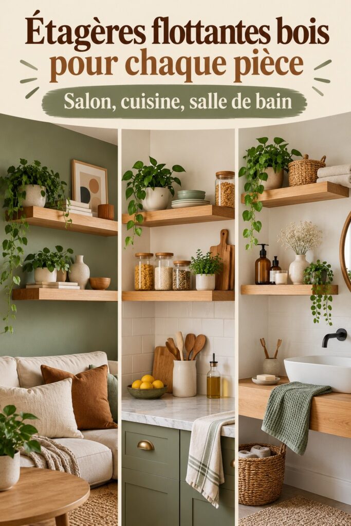 Étagères flottantes en bois élégamment disposées dans un salon lumineux.
