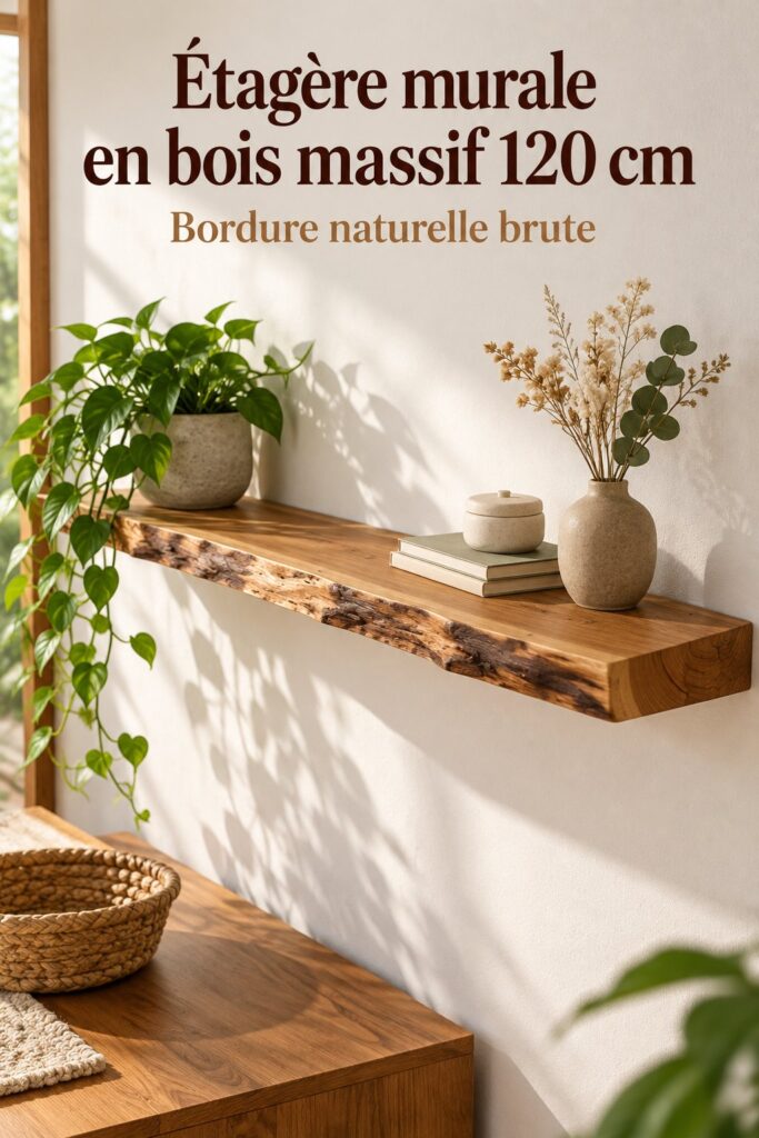 Étagère murale en bois massif Melbourne avec bordure naturelle dans un intérieur chaleureux