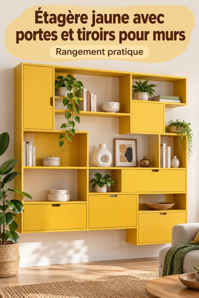 Étagère murale jaune moderne avec portes et tiroirs dans un intérieur chaleureux