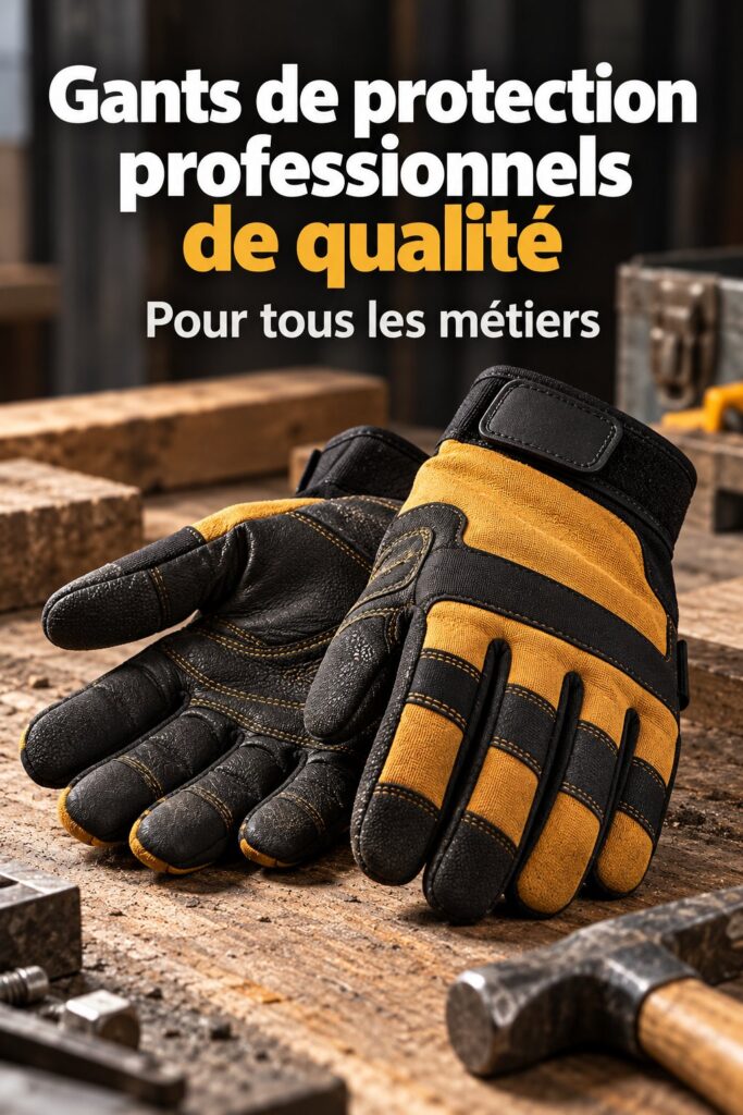 Gants de chantier colorés sur une table de travail, prêts pour un projet de rénovation.
