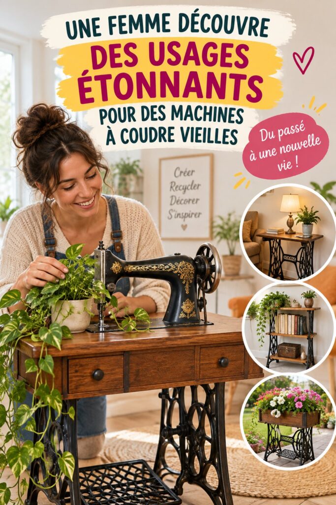 Une vieille machine à coudre transformée en objet décoratif dans une pièce chaleureuse