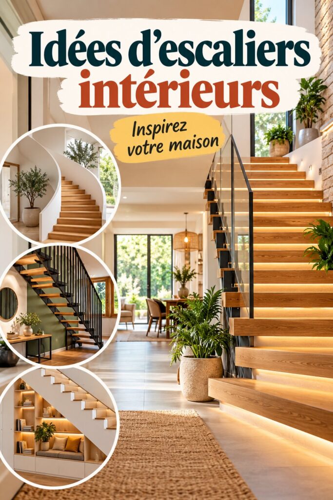 Escalier intérieur moderne en bois avec garde-corps en métal, ajoutant une touche élégante à la maison