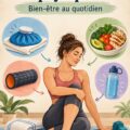 Une femme fait des exercices de physiothérapie à la maison, utilisant un tapis de yoga.