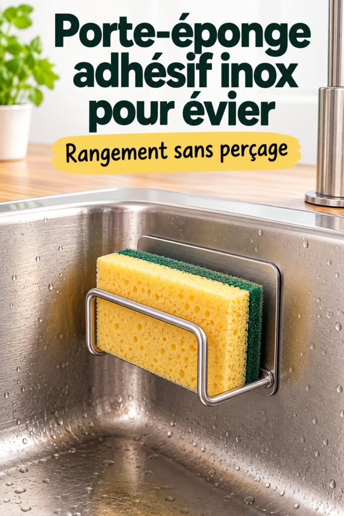 Porte-éponge auto-adhésif en acier inoxydable installé à côté d'un évier de cuisine, avec une éponge jaune