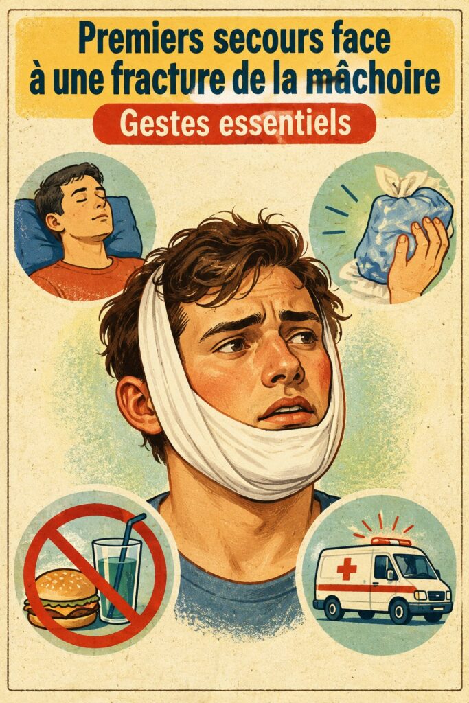 Image illustrant les gestes de premiers secours en cas de fracture de la mâchoire.