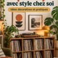 Un élégant meuble de rangement avec des vinyles colorés exposés.