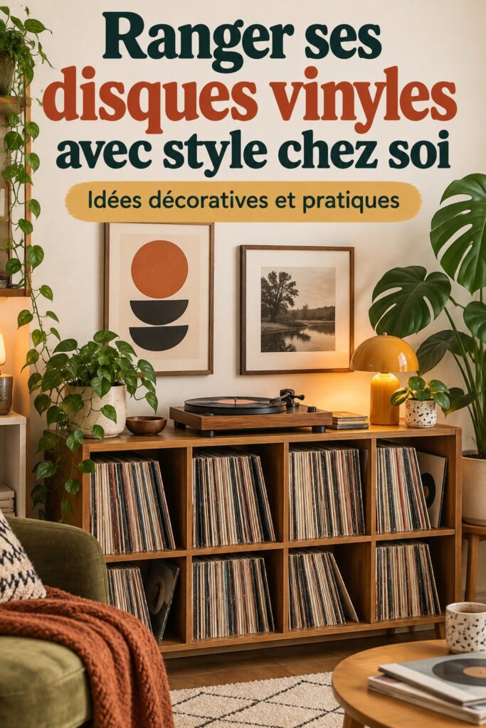 Un élégant meuble de rangement avec des vinyles colorés exposés.