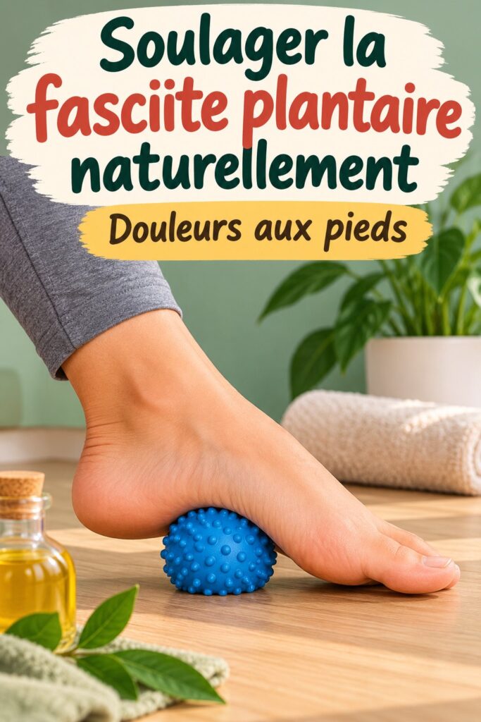 Une femme étirant ses pieds pour soulager la fascite plantaire, dans un cadre chaleureux à la maison.
