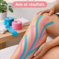 Femme utilisant le taping pour traiter le lipœdème, apaisant ses douleurs.