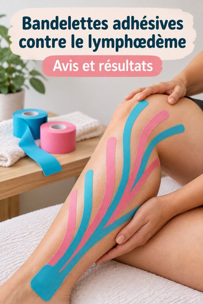 Femme utilisant le taping pour traiter le lipœdème, apaisant ses douleurs.