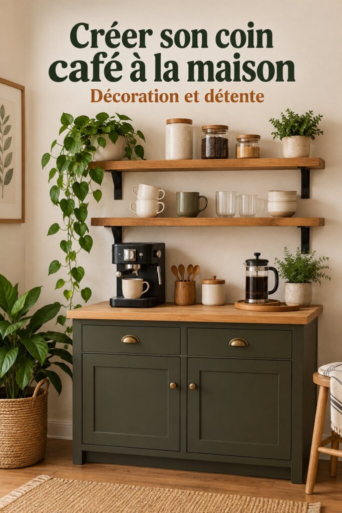 Coin café chaleureux avec du mobilier en bois et des tasses décoratives